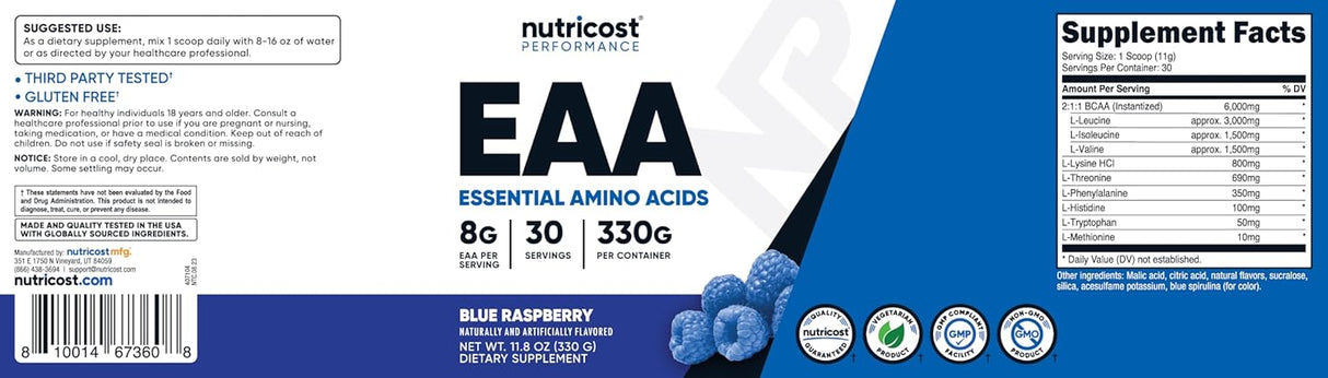 Nutricost EAA Powder 30 Servings - Aminoácidos Esenciales, No GMO