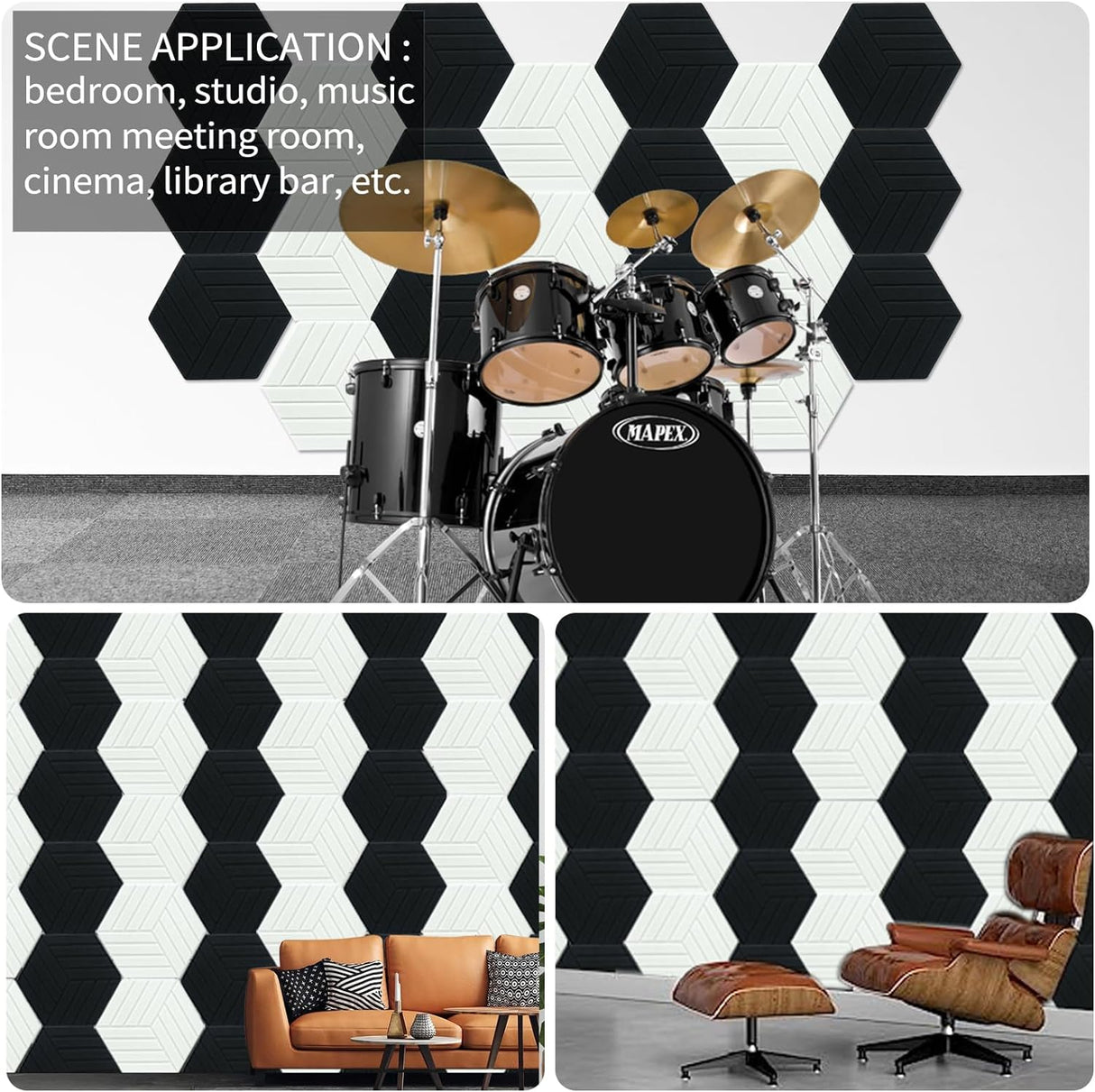 Paneles Acústicos Hexagonales 12 Piezas Autoadhesivos 14x12