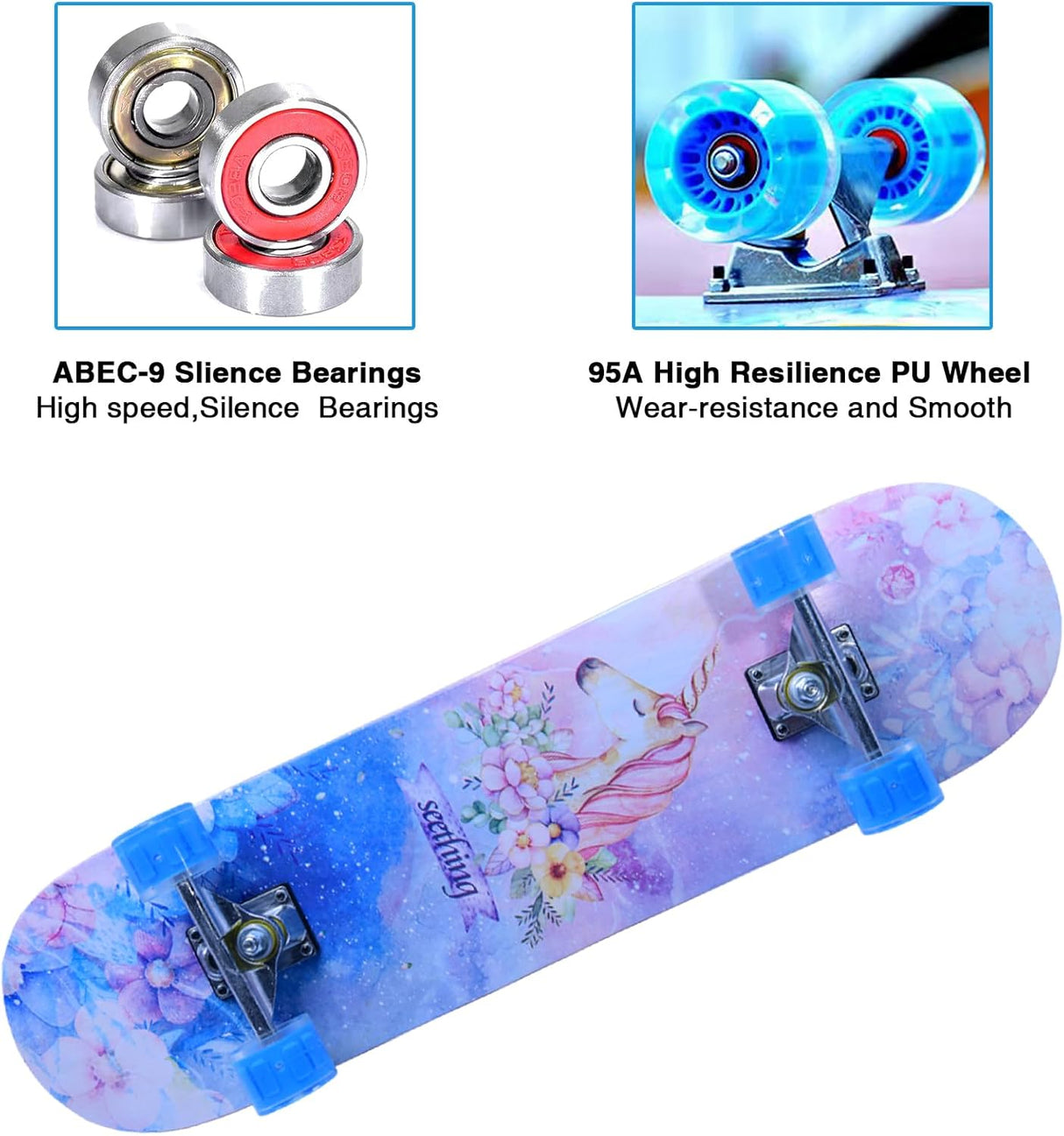 Patinetas completas para principiantes, 31" con diseño de unicornio y calavera