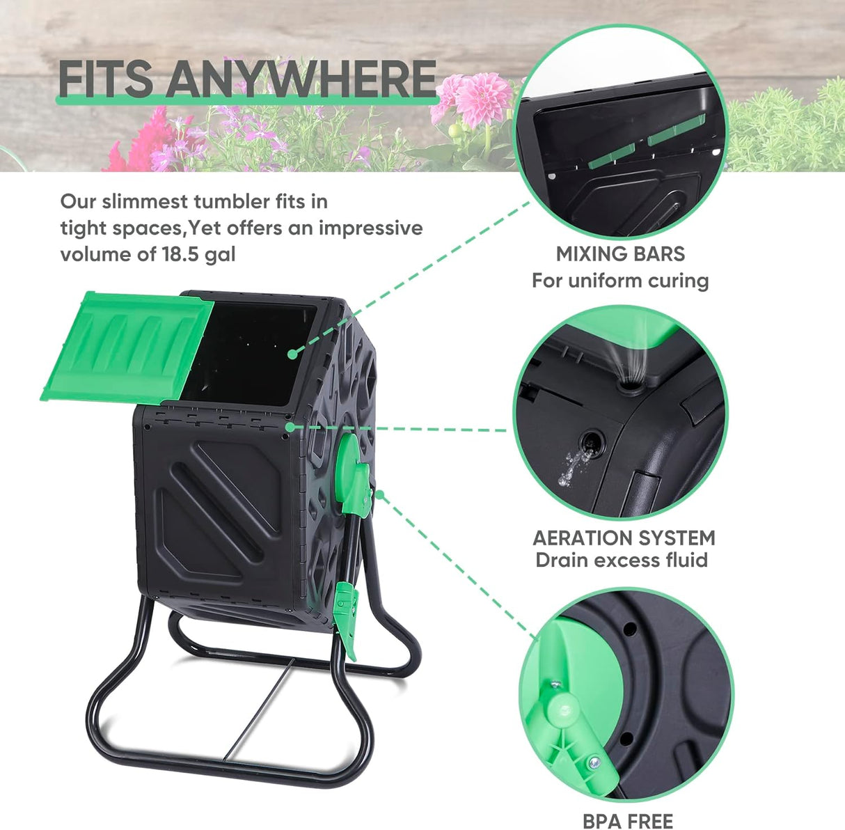 Compostador HomGarden 18.5 Gal, Cámara Única, Puerta Deslizante