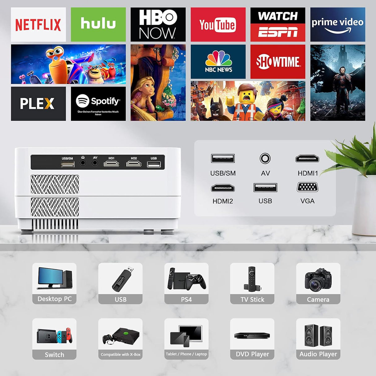 Proyector 1080P Nativo, WiFi y Bluetooth, Cine en Casa 300