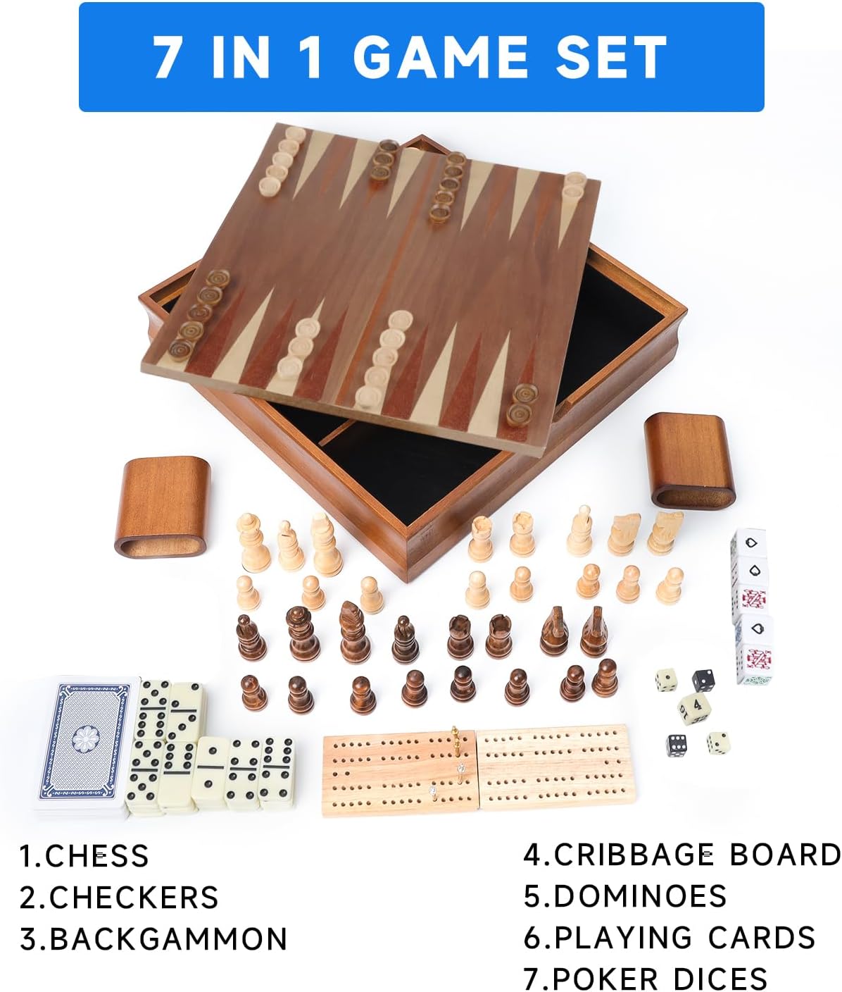 Juego de Mesa 7 en 1 GSE - Ajedrez, Damas, Dominó, Cribbage