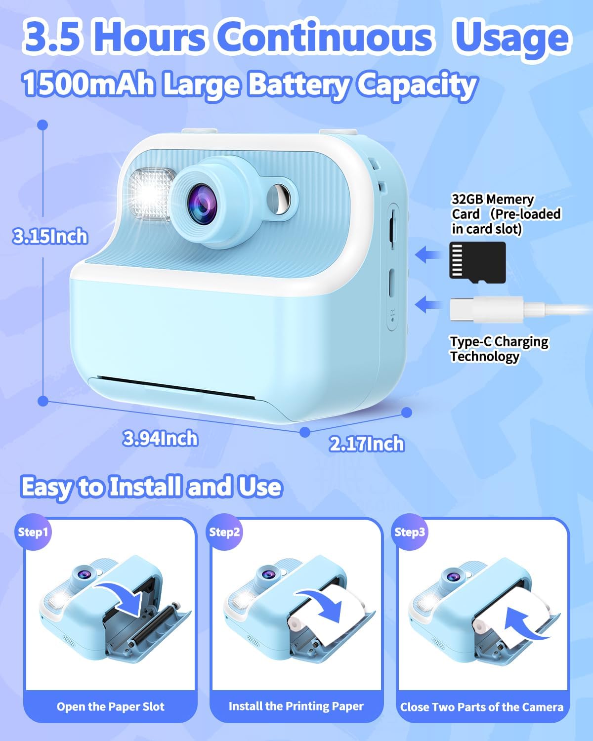 Cámara instantánea para niños, HD con papel fotográfico y SD