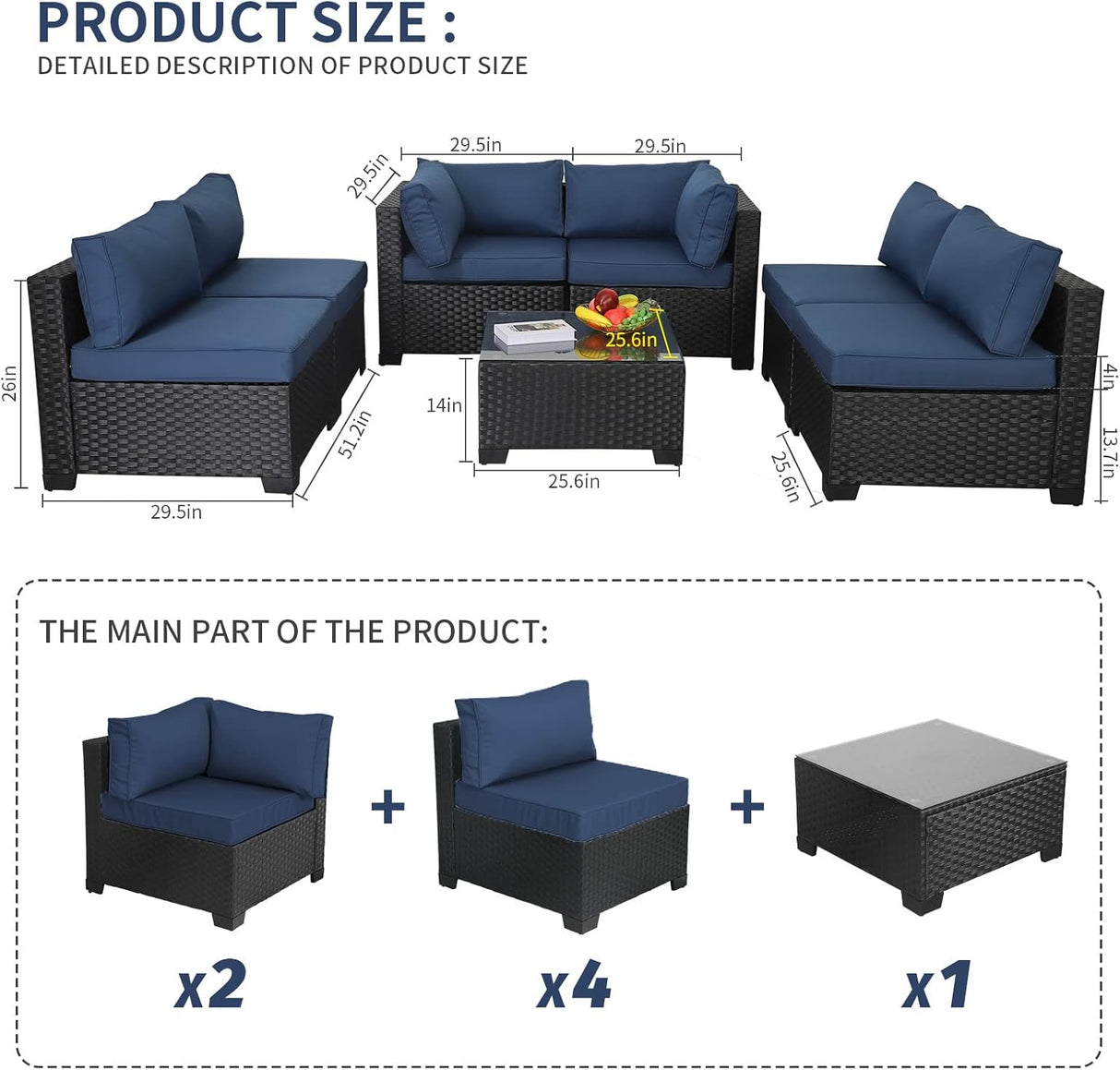 Valita Juego de muebles de mimbre de polietileno para exteriores, sofá seccional de ratán negro con cojines lavables azul marino