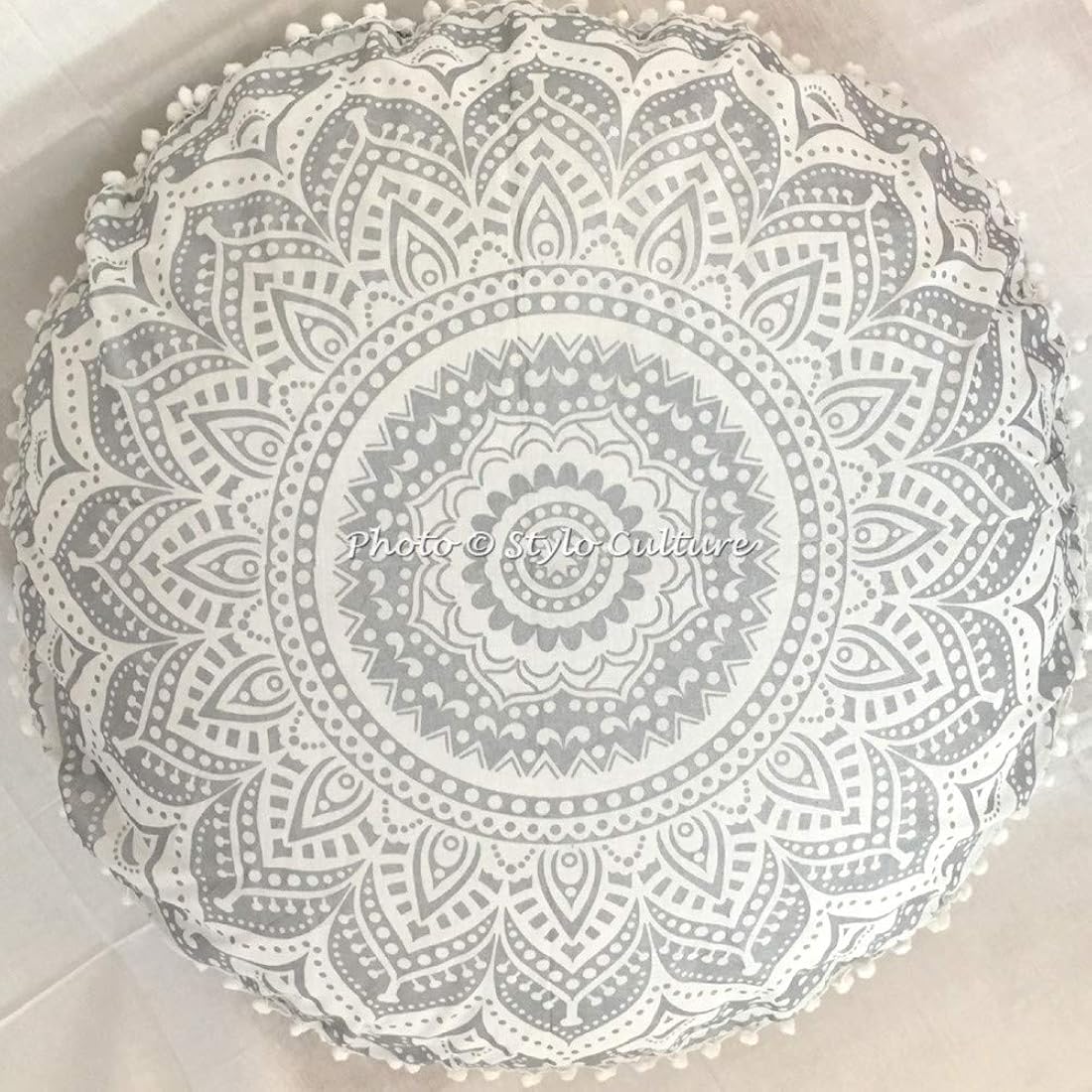 Stylo Culture Cojín de meditación indio para piso, diseño de mandala, funda de cojín impresa plateada, 32 x 32 pulgadas, decoración redonda decorativa grande, para asiento, asiento de tuffet, funda de