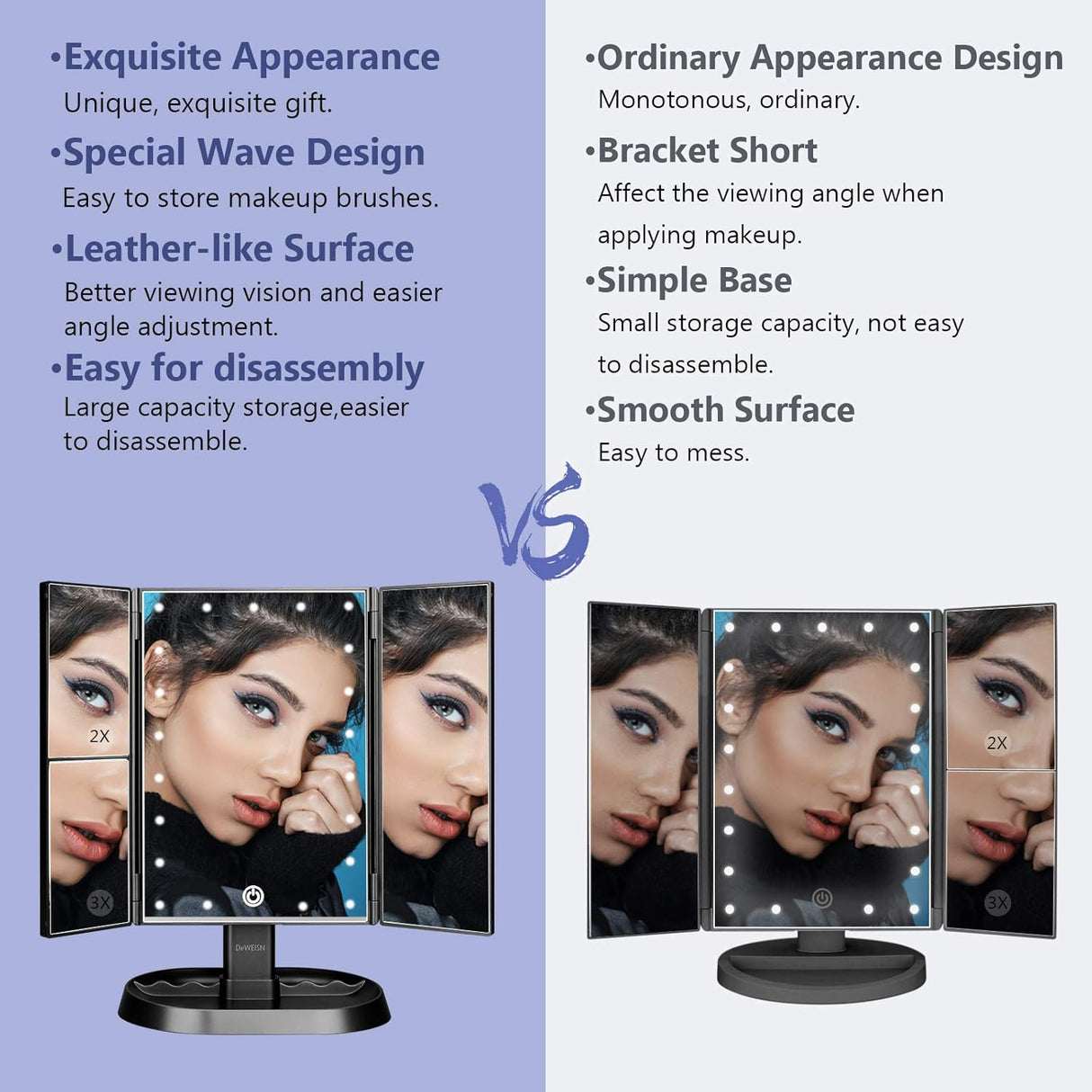 Espejo de maquillaje de tocador iluminado triple 21 luces