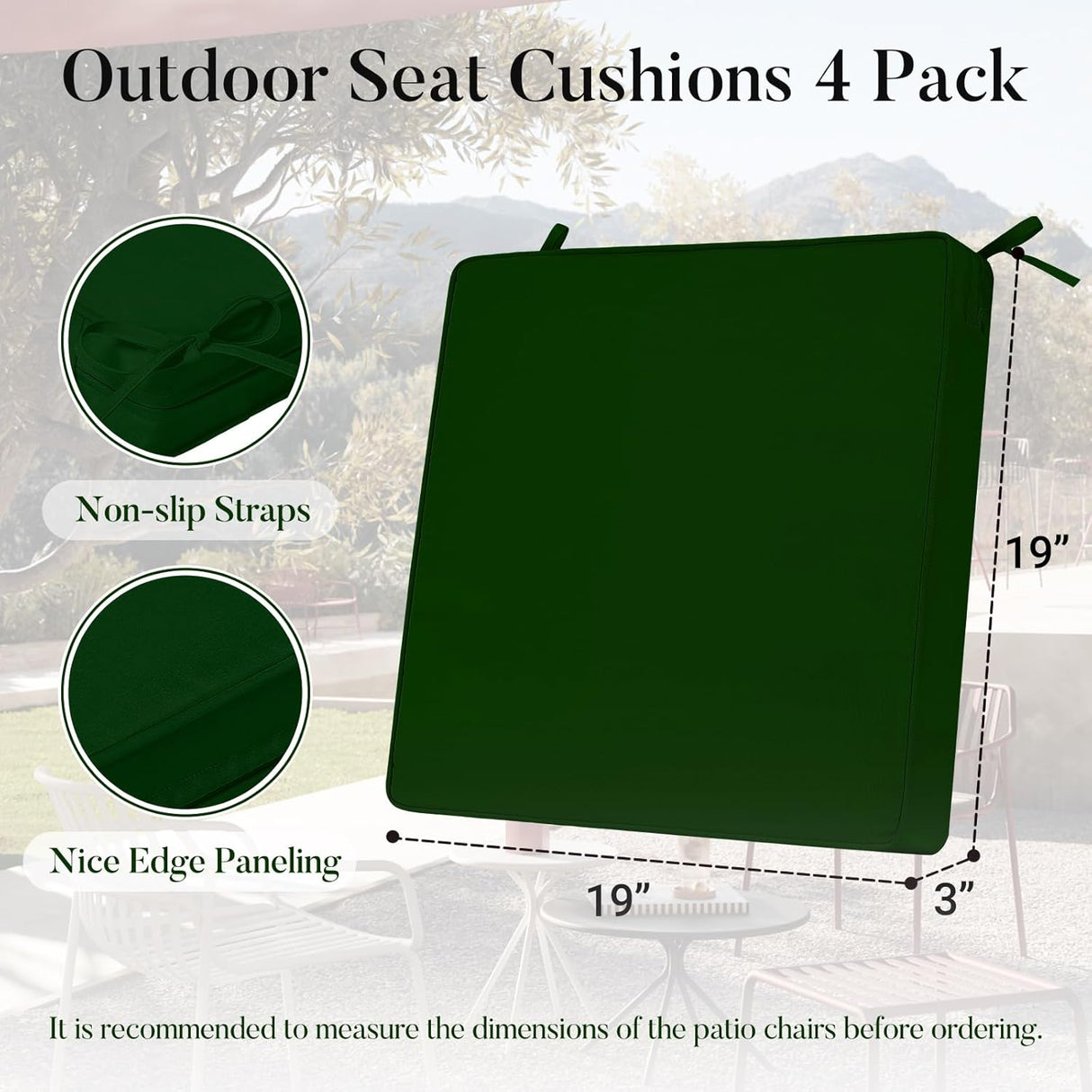 Basic Beyond Cojines para sillas de exterior para muebles de patio, impermeables, juego de 4 cojines de asiento de exterior de 19 x 19 pulgadas, cojines para sillas de patio con lazos y asa, verde