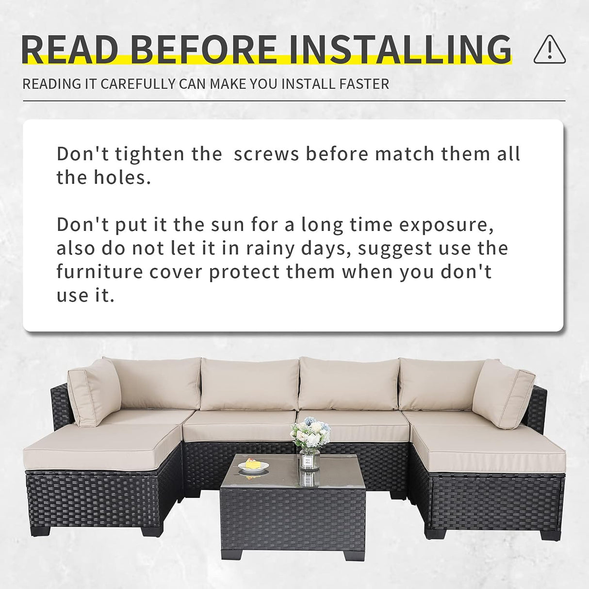 Lviden Juego de muebles de mimbre PE para exteriores, 7 piezas, juego de sofá de conversación seccional de ratán para patio, con cojines caqui y mesa superior de vidrio