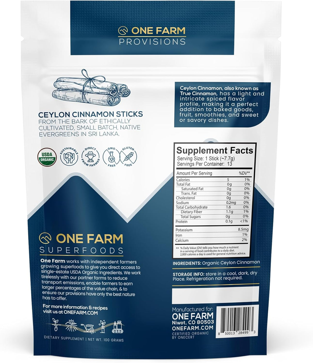 Canela Ceylán Orgánica, Premium de Sri Lanka, Sin OGM, 100g