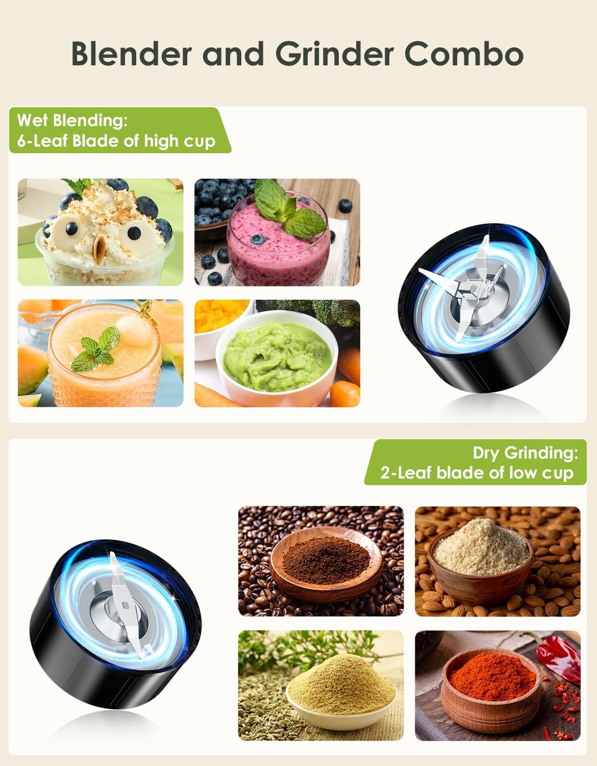 Licuadora Smoothie 1100W, 2 Tazas 27 Oz, 10 Oz Molinillo