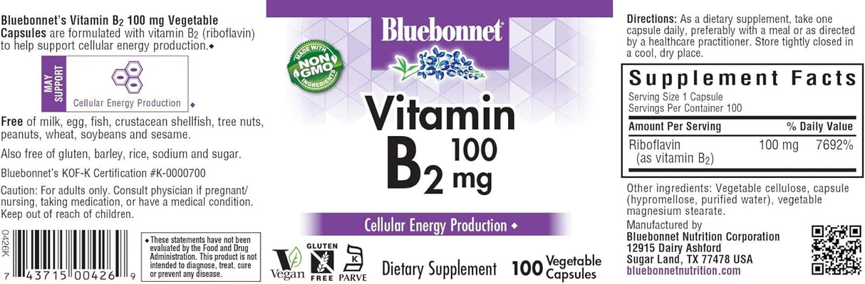 Suplemento Vitamina B2 100 mg para la salud cardiovascular