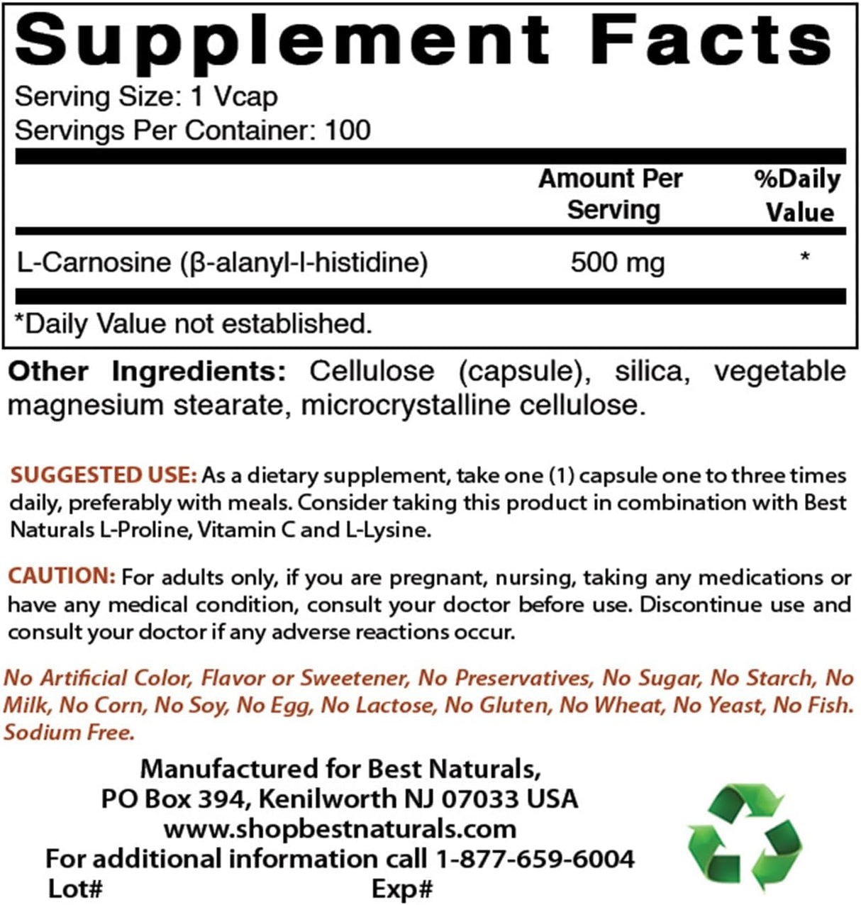 Best Naturals L-Carnosina 500 mg 300 Vcaps