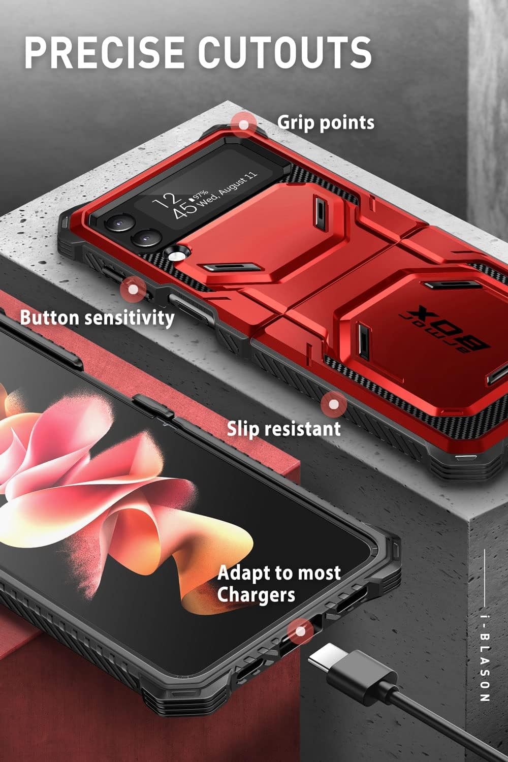 i-Blason Armorbox Series - Funda resistente para Samsung Galaxy Z Flip 4 5G (2022), carcasa resistente de cuerpo completo con reducción de golpes y parachoques (roido)