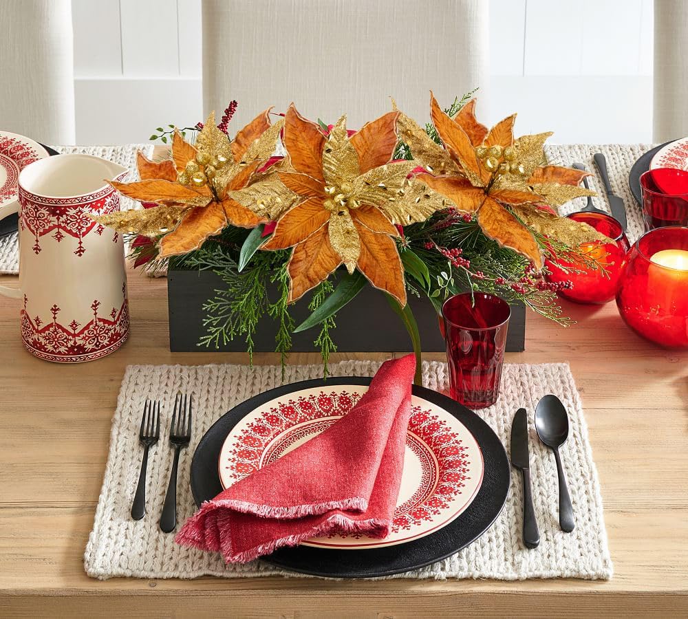 Flores de Poinsetia Artificiales, Set de 4, 12'' para Decorar