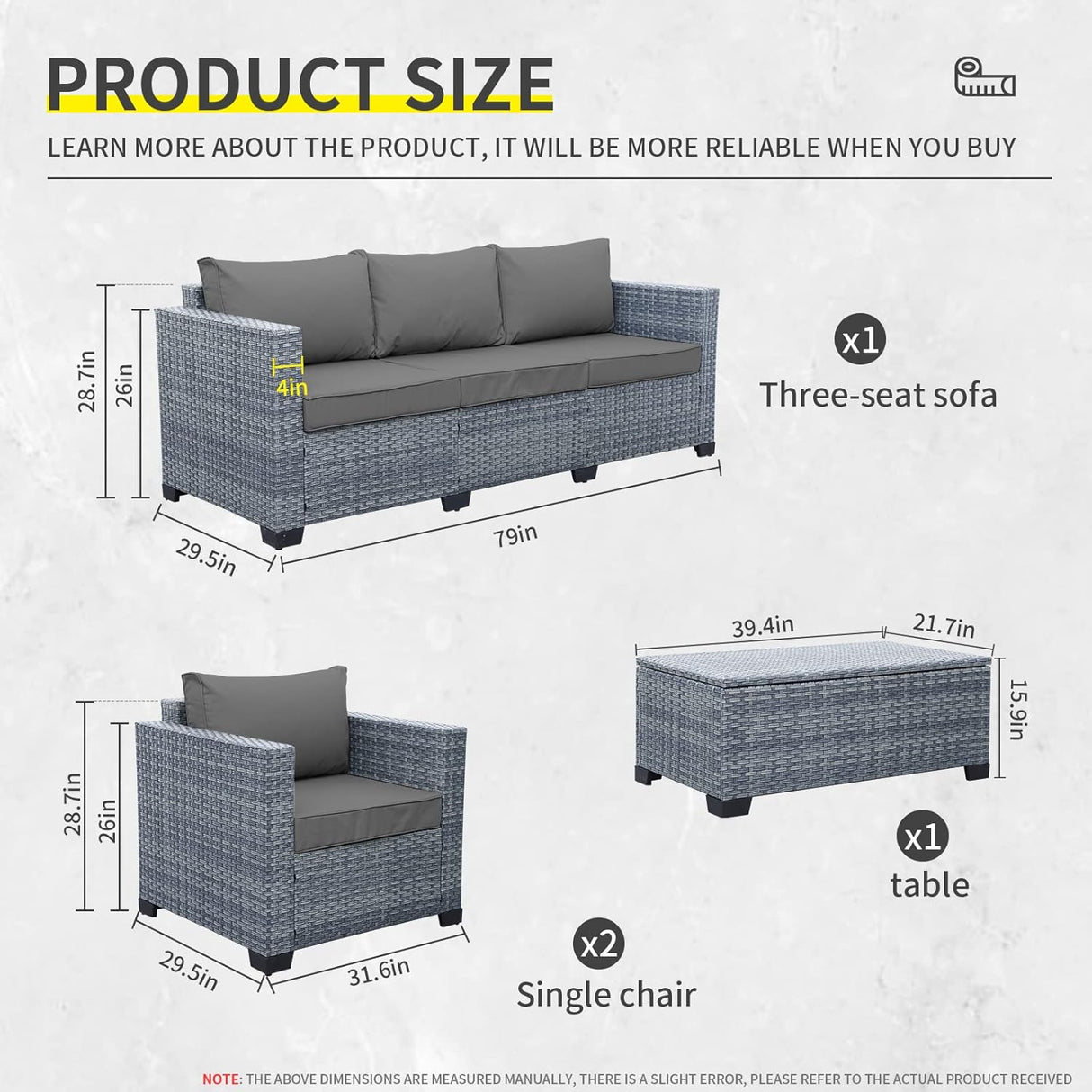 Lviden Juego de muebles de mimbre para patio de 4 piezas, juego de conversación al aire libre, sofá seccional de ratán PE con mesa de almacenamiento y cojines grises