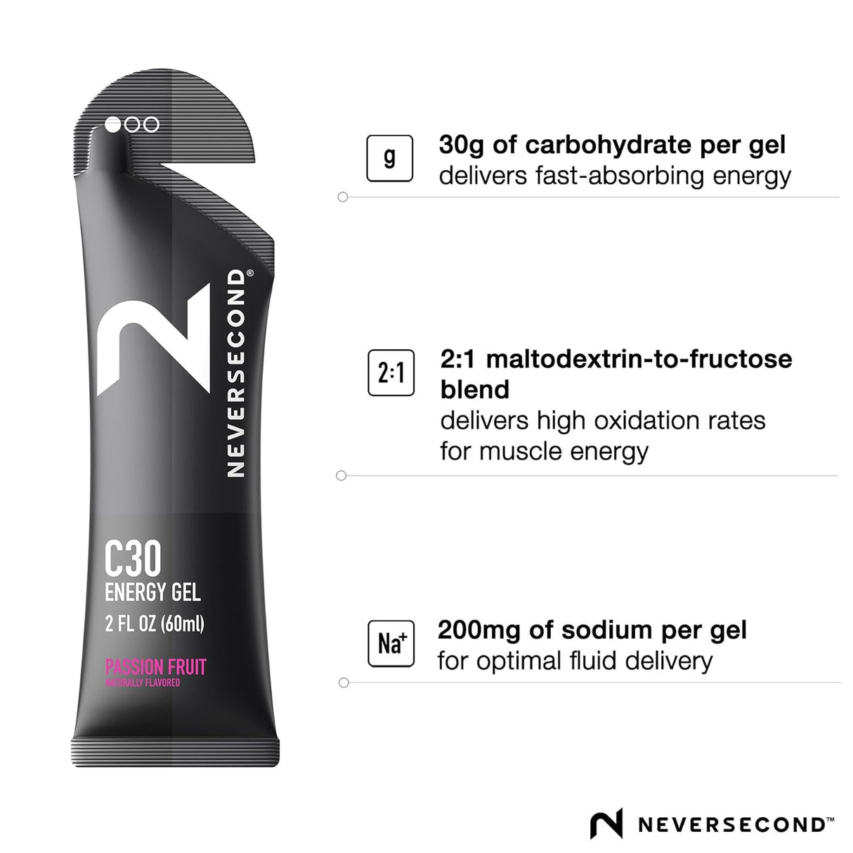 Gel energizante Neversecond C30, rendimiento y hidratación, 12 pzas