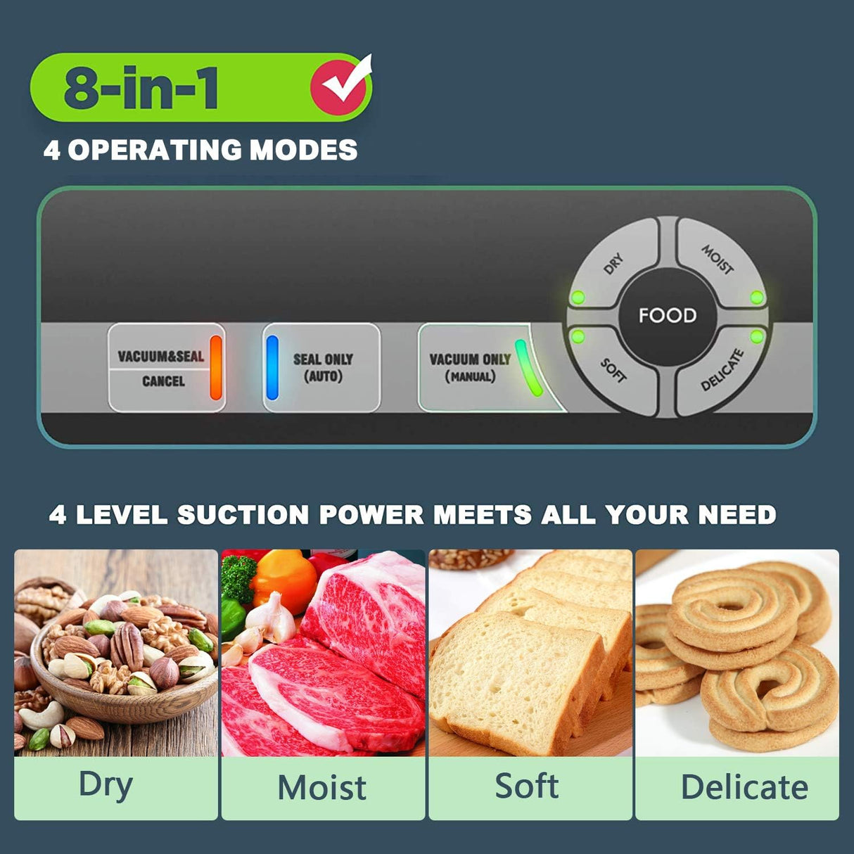 Selladora al vacío profesional, 8 en 1, con 4 modos de uso