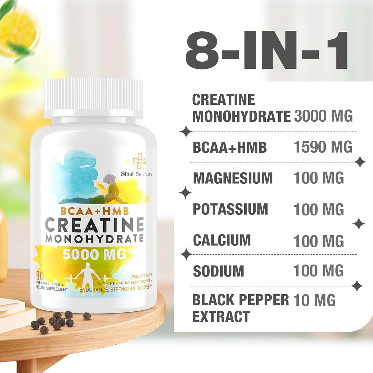 Creatina Monohidratada 8 en 1, Sin Azúcar, 90 Tabletas