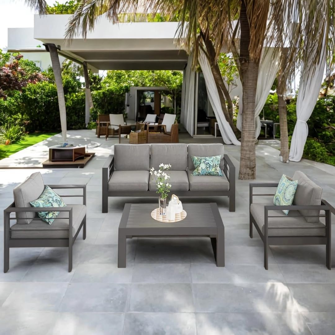 Solaste Juego de muebles de aluminio para patio, 4 piezas, moderno juego de conversación al aire libre, sofá seccional con cojín mejorado y mesa auxiliar, gris