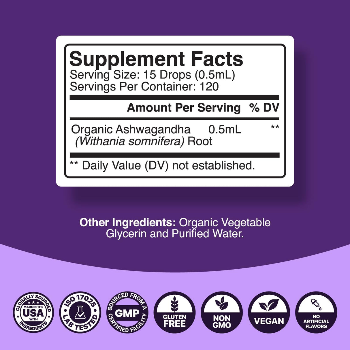Gotas de Ashwagandha Orgánico - Extracto Potente - 60 Serv.