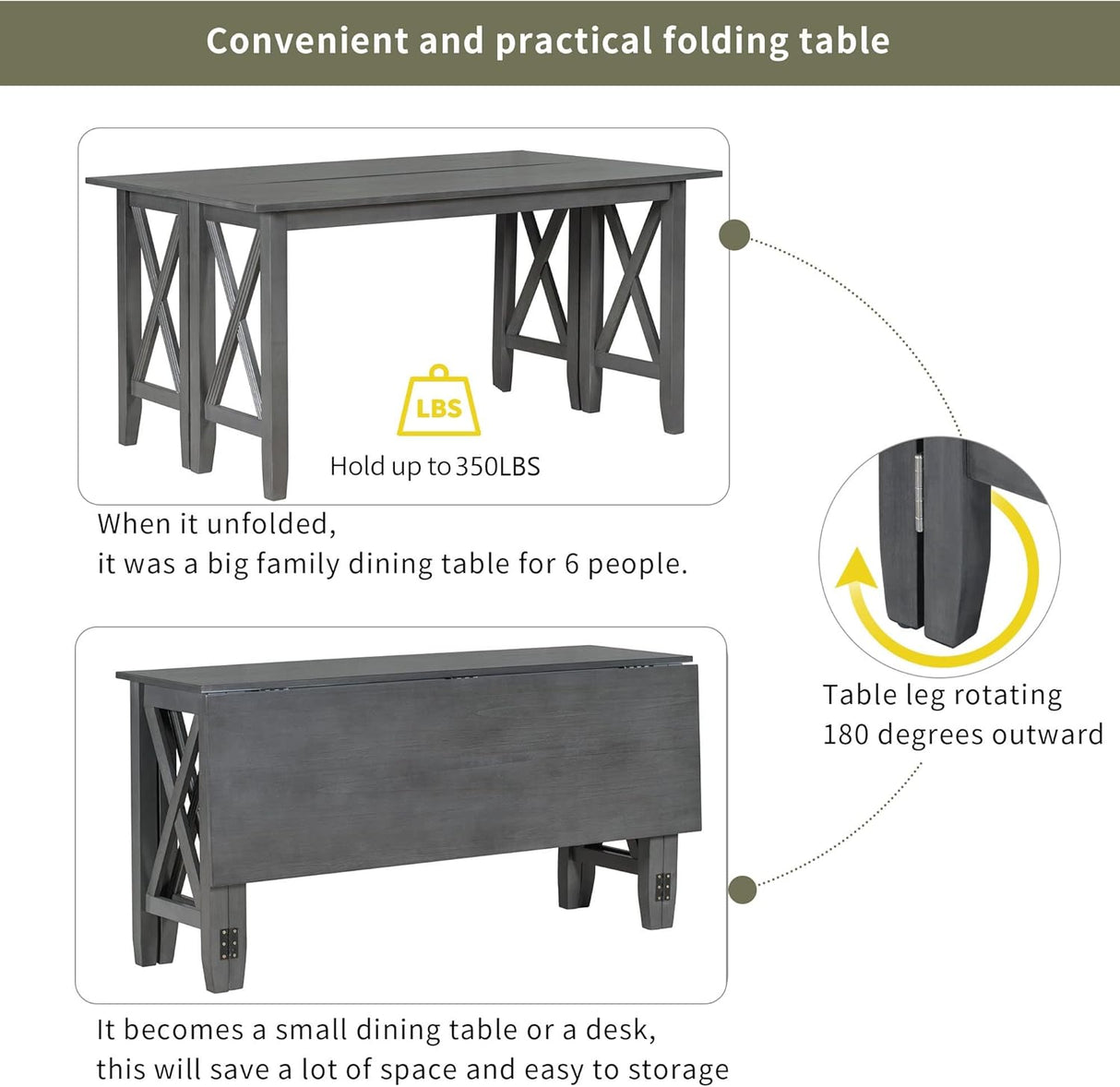 Juego de Comedor Familiar de 6 Piezas con Mesa Plegable