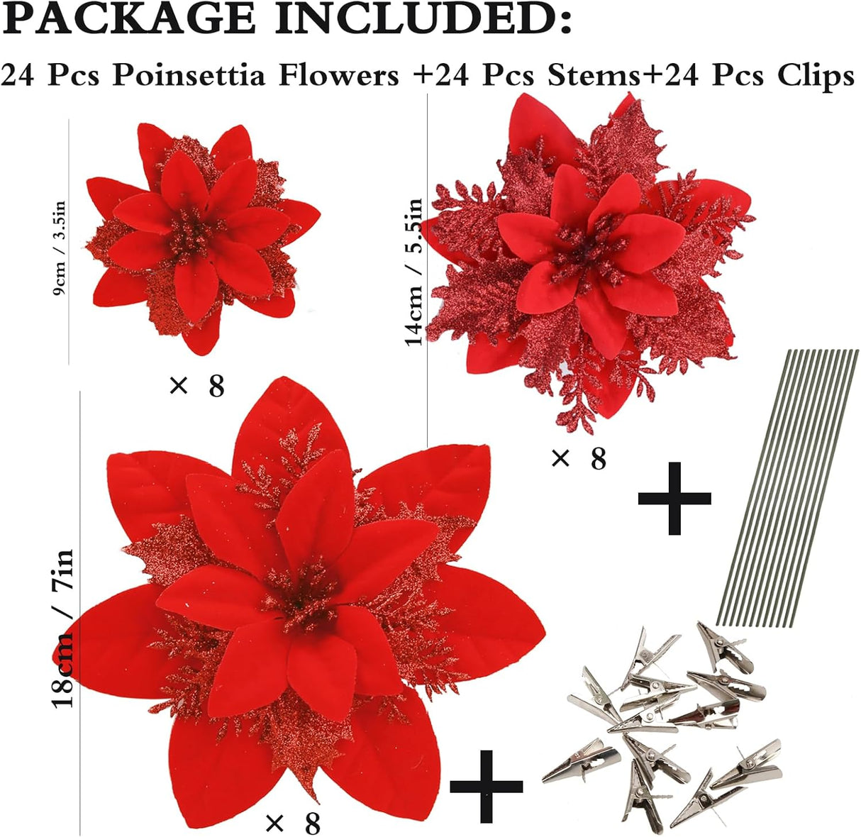 Flores Artificiales Poinsettia GREENTIME 24 Pcs con Clips