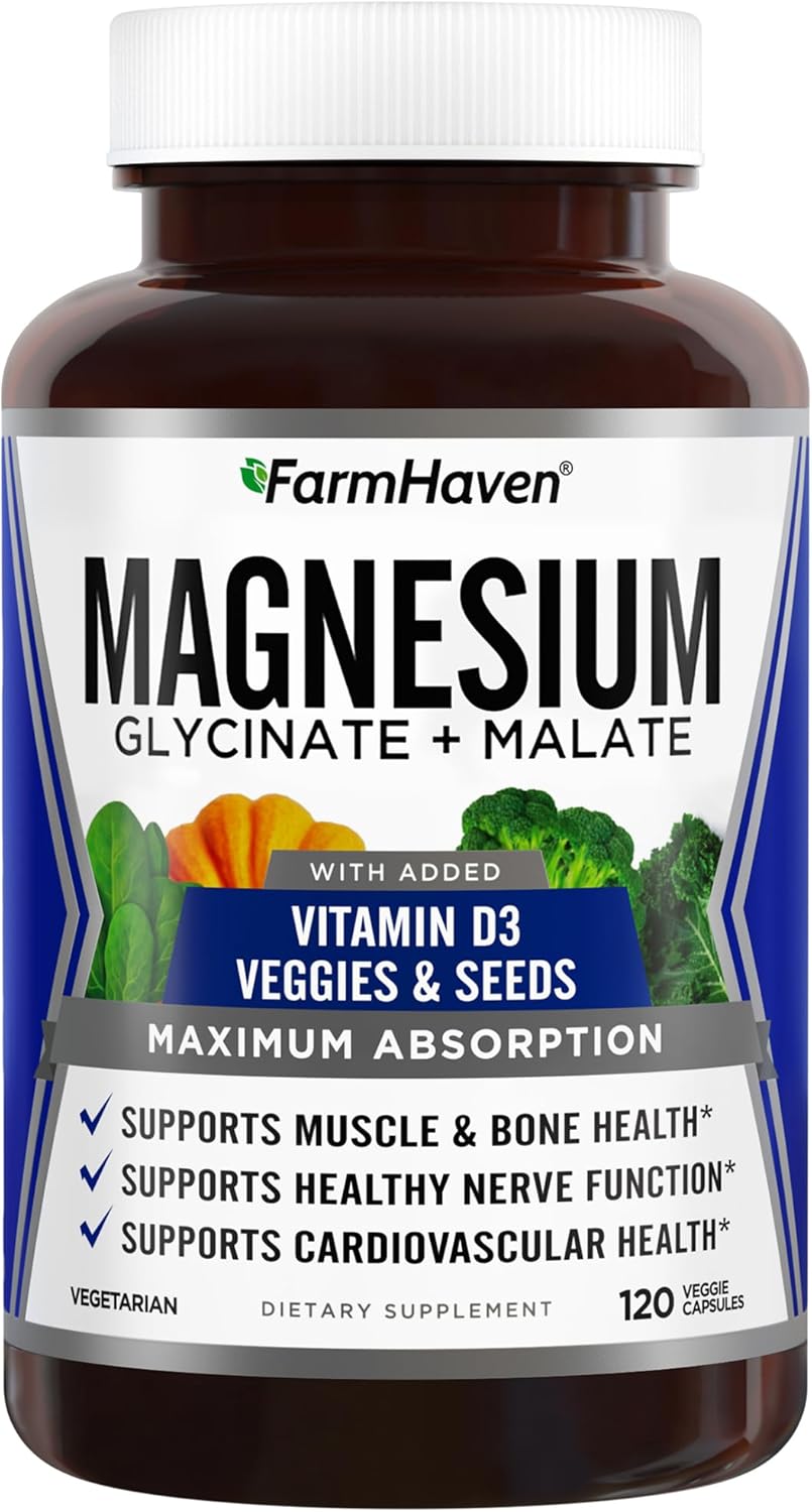 FarmHaven Magnesio Glicinato y Malato con D3, 120 cápsulas
