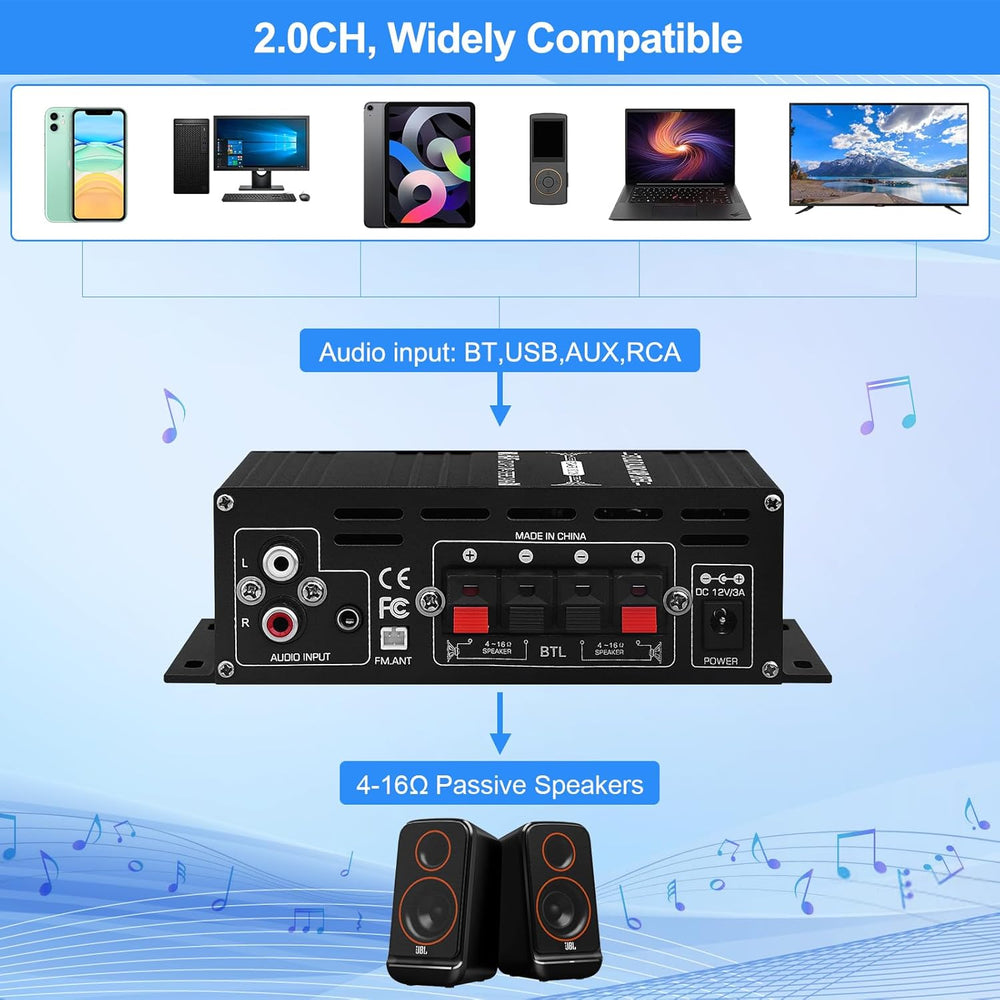 Amplificador Estéreo para Altavoces, 40W, Bluetooth 5.0, AK-390