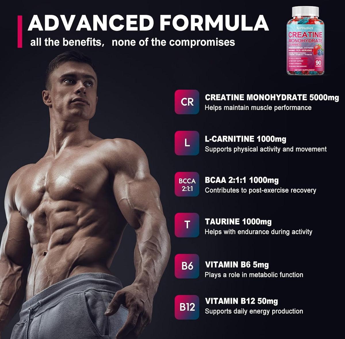Creatina Monohidrato Gummies con BCAA, L-Carnitina y B12, 90u