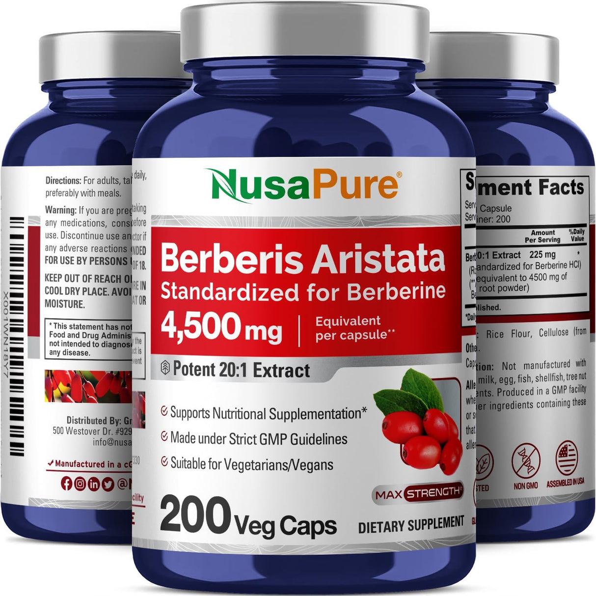 Berberina HCI 4500 mg - 200 cápsulas vegetales de 6 meses