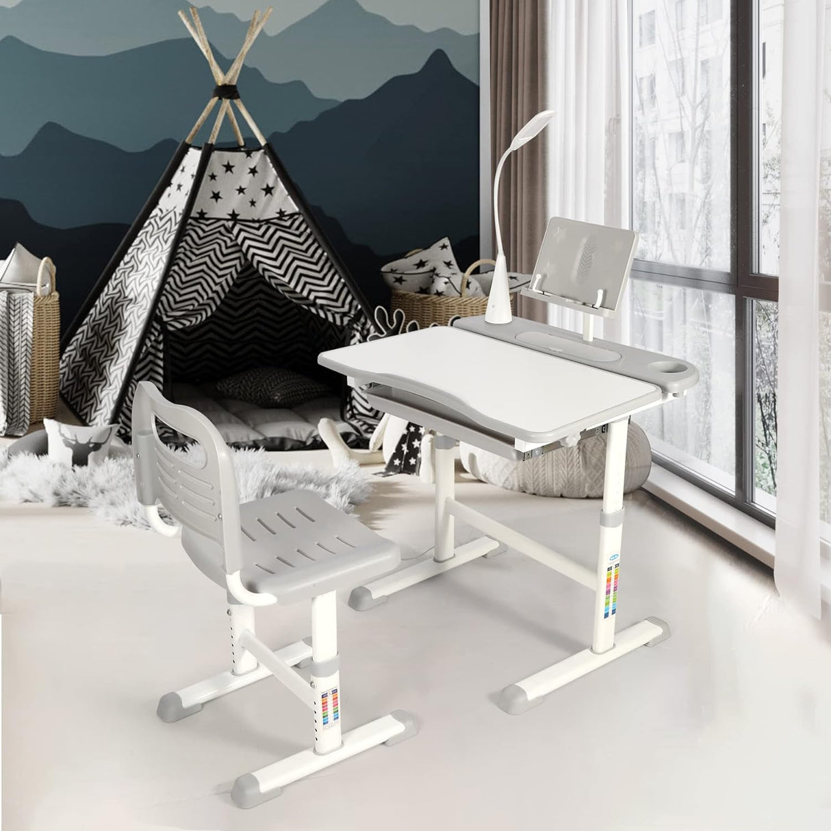 Escritorio y Silla Infantiles Ajustables con Luz y Cajón