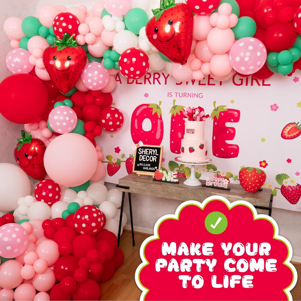 Kit de Arco Globos Fresa con Guirnalda y Bonus - Decoración Fiesta