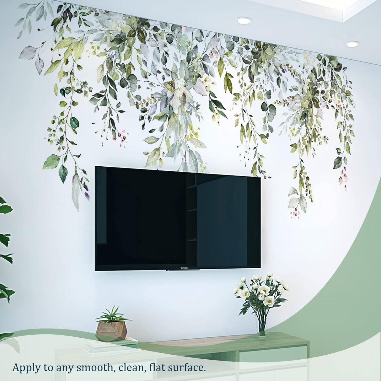 VePret Green Plants Leaves Wall Decals Peel and Stick, Large Floral Flowers Wall Stickers, Removable Vine Home Decor Art for Bedroom Living Room Classroom Office