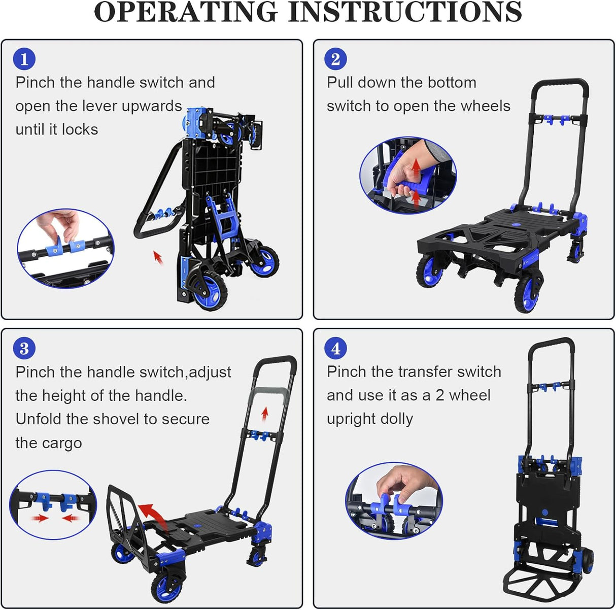 Carretilla Plegable 2 en 1, Alta Capacidad 330lbs, Modelo Portátil