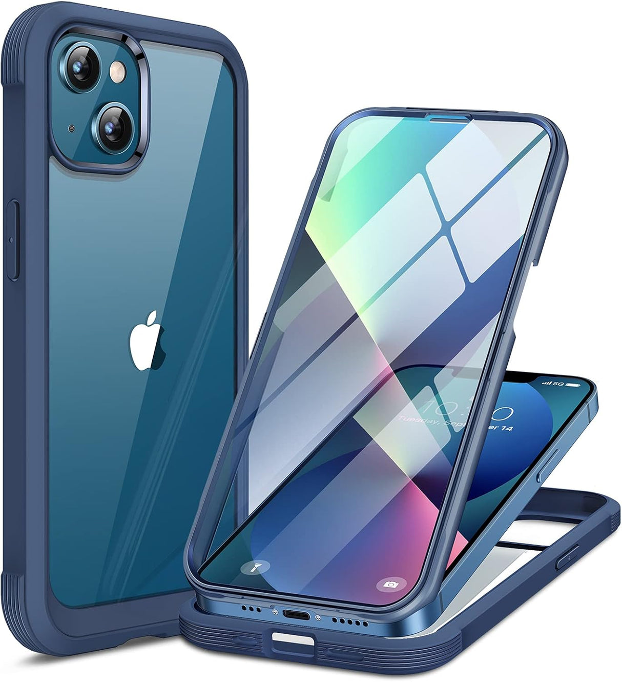 Miracase Funda compatible con iPhone 13 de 6.1 pulgadas, 2021 carcasa transparente de cristal de cuerpo completo con protector de pantalla de cristal templado 9H incorporado para iPhone 13, azul oscuro