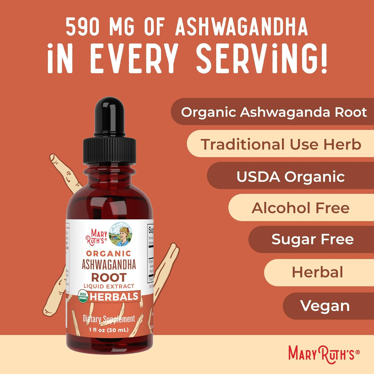 Gotas de Ashwagandha Orgánica MaryRuth, 60 Servings Adaptógeno