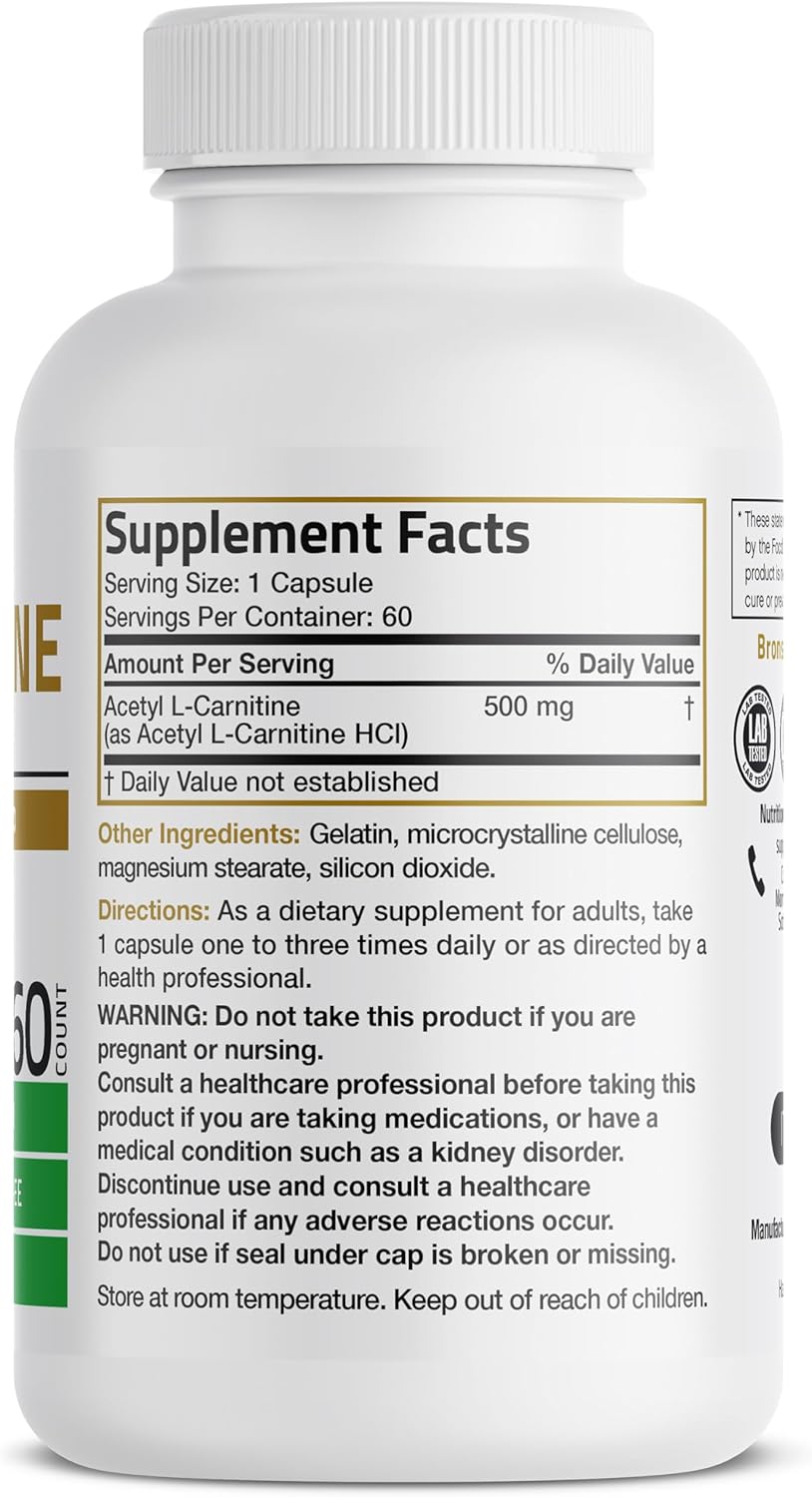 Acetil L-Carnitina 500 MG Bronson, 60 Cápsulas No GMO
