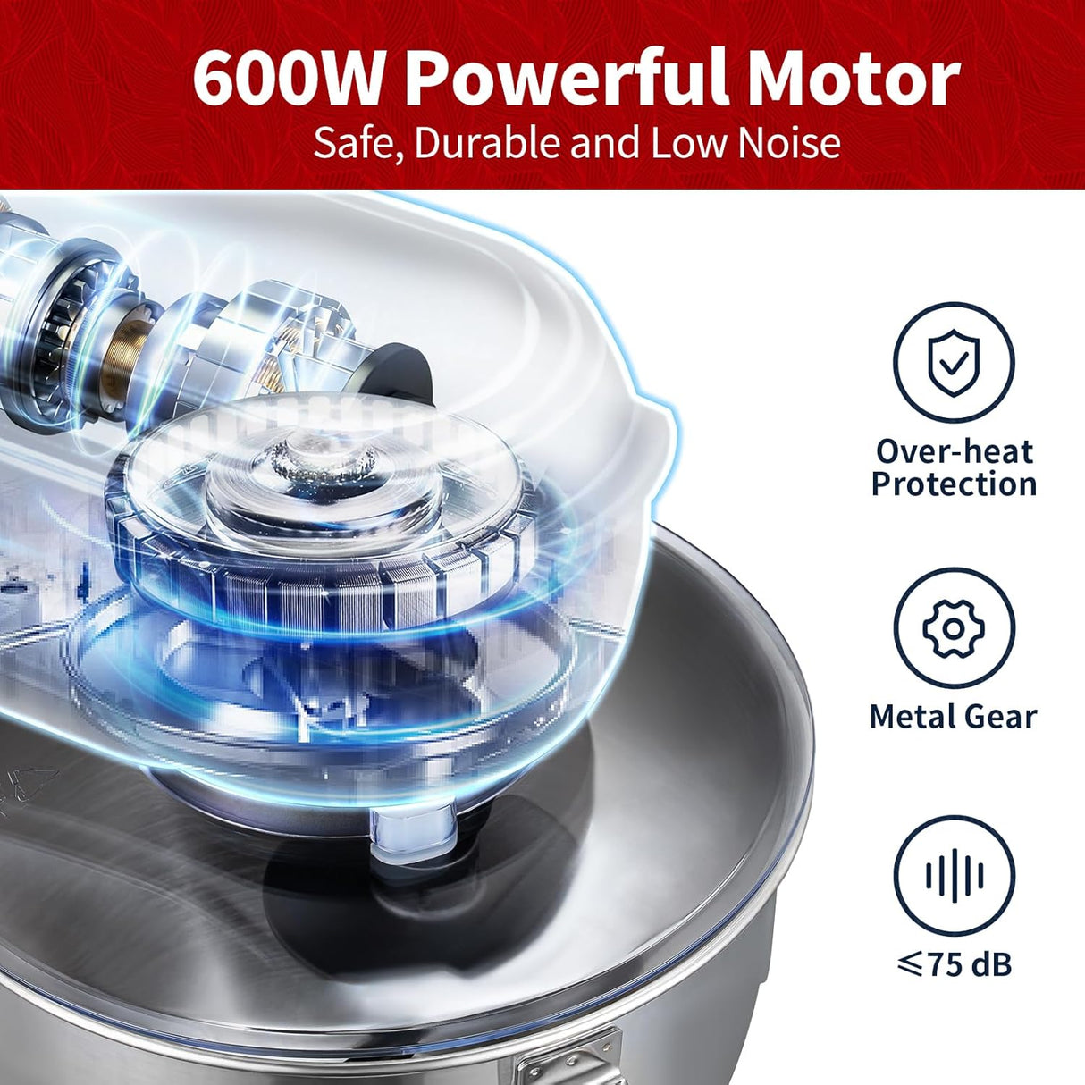 Batidora de pie 6 QT 600W, 6+P velocidades, acero inoxidable