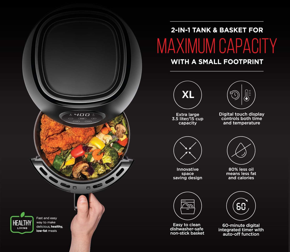 Freidora de aire CHEFMAN 3.6 Qt, digital, fácil de usar, incluye recetario