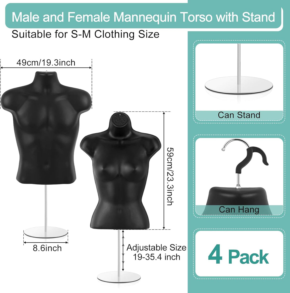 Torso Maniquí Kigley 4 Pcs, S-Medidas, Hueco, Exhibición