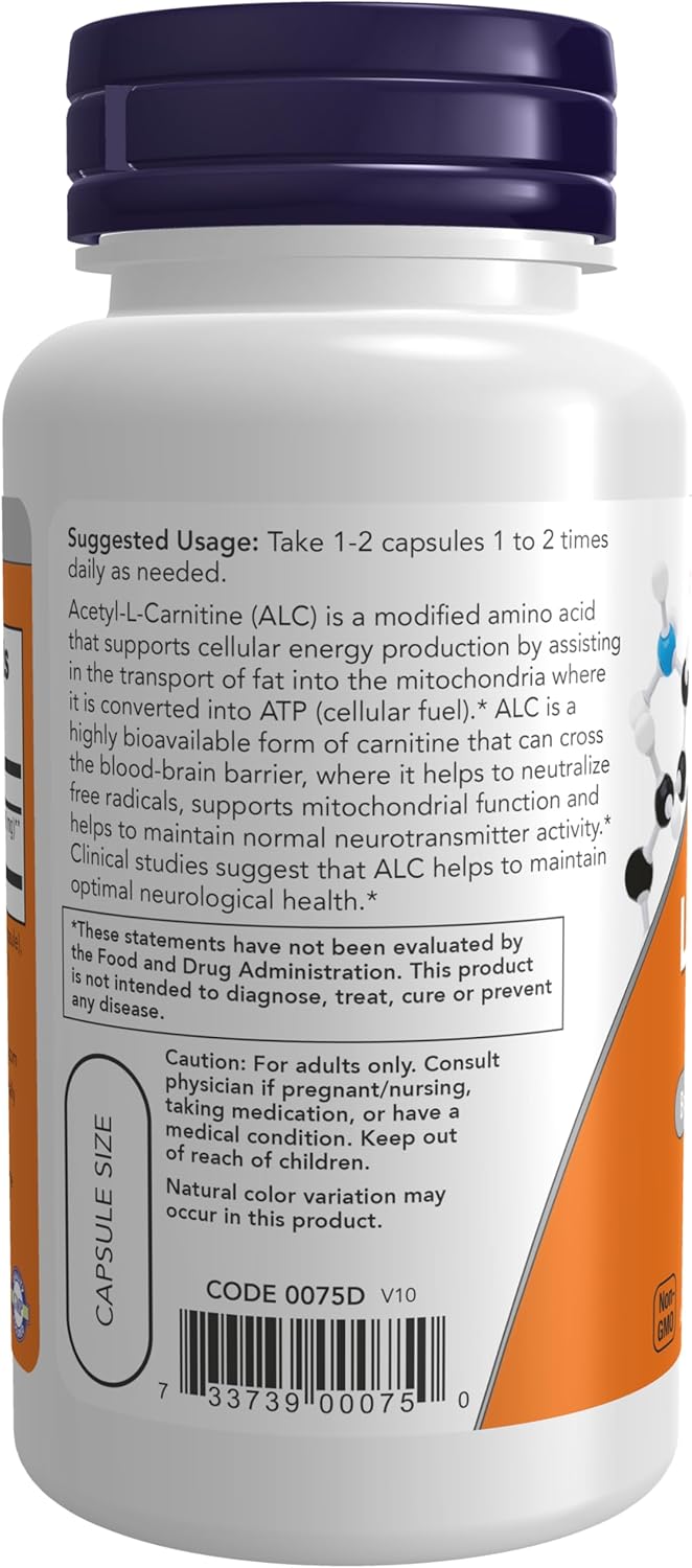 Suplemento Acetil-L Carnitina 500 mg NOW Foods, 50 Veg Caps