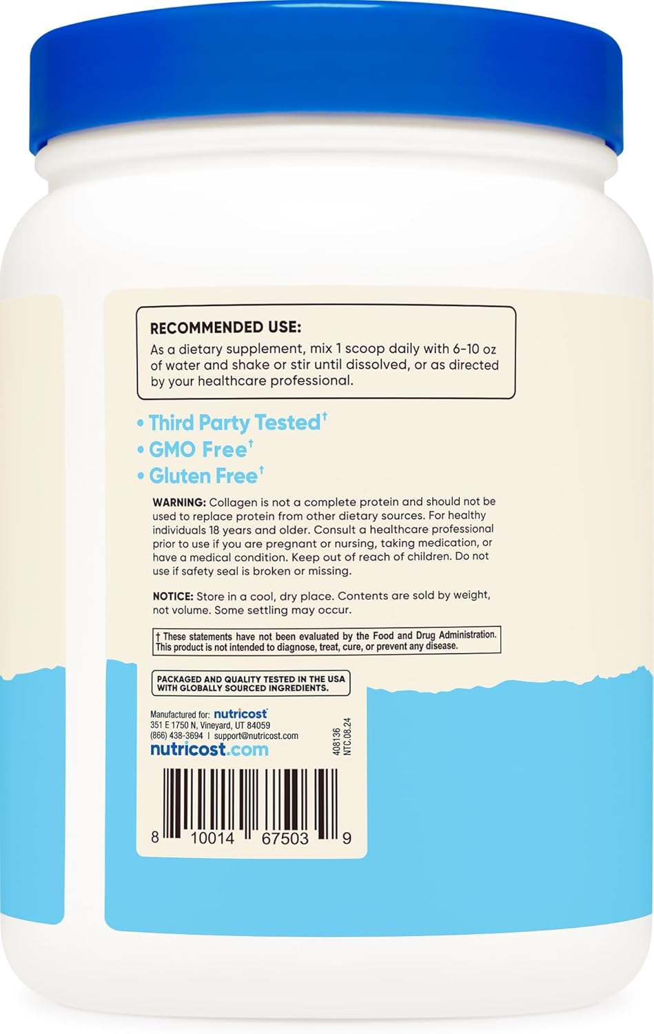Nutricost Colágeno Hidrolizado Bovina 454g - Sin sabor
