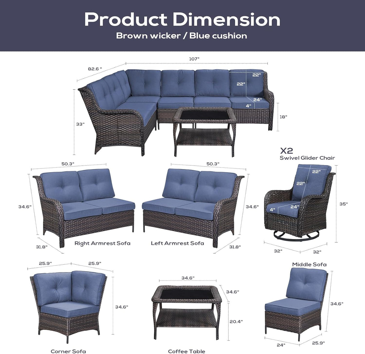 Belord Sofá seccional de muebles de exterior, sofá en forma de L, juego de mimbre para patio con 2 sillas deslizantes giratorias, juegos de conversación de ratán de 7 piezas con cojín azul para terraza, patio trasero, terraza y solárium