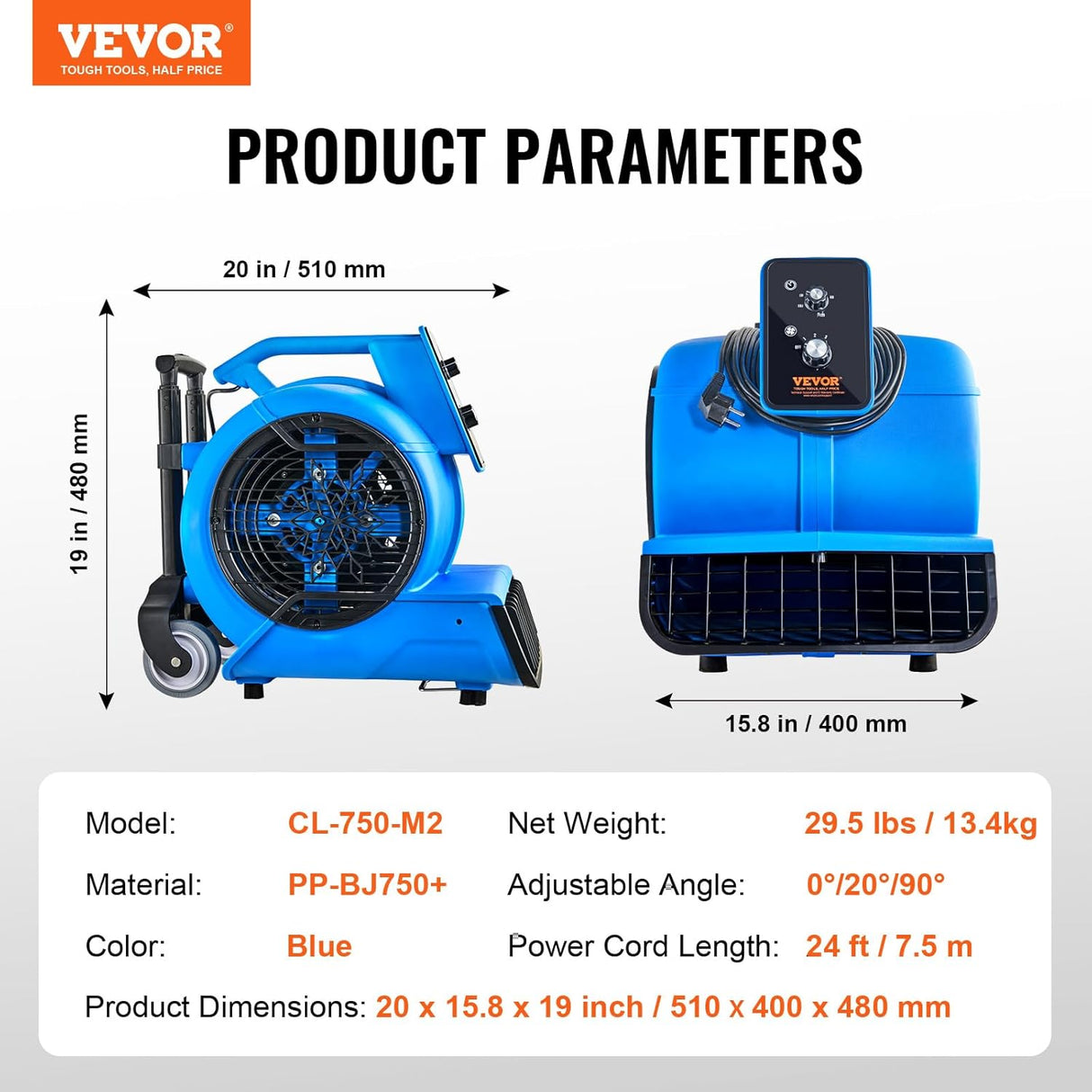 VEVOR Soplador de Piso 4000 CFM, 3 Velocidades, Portátil