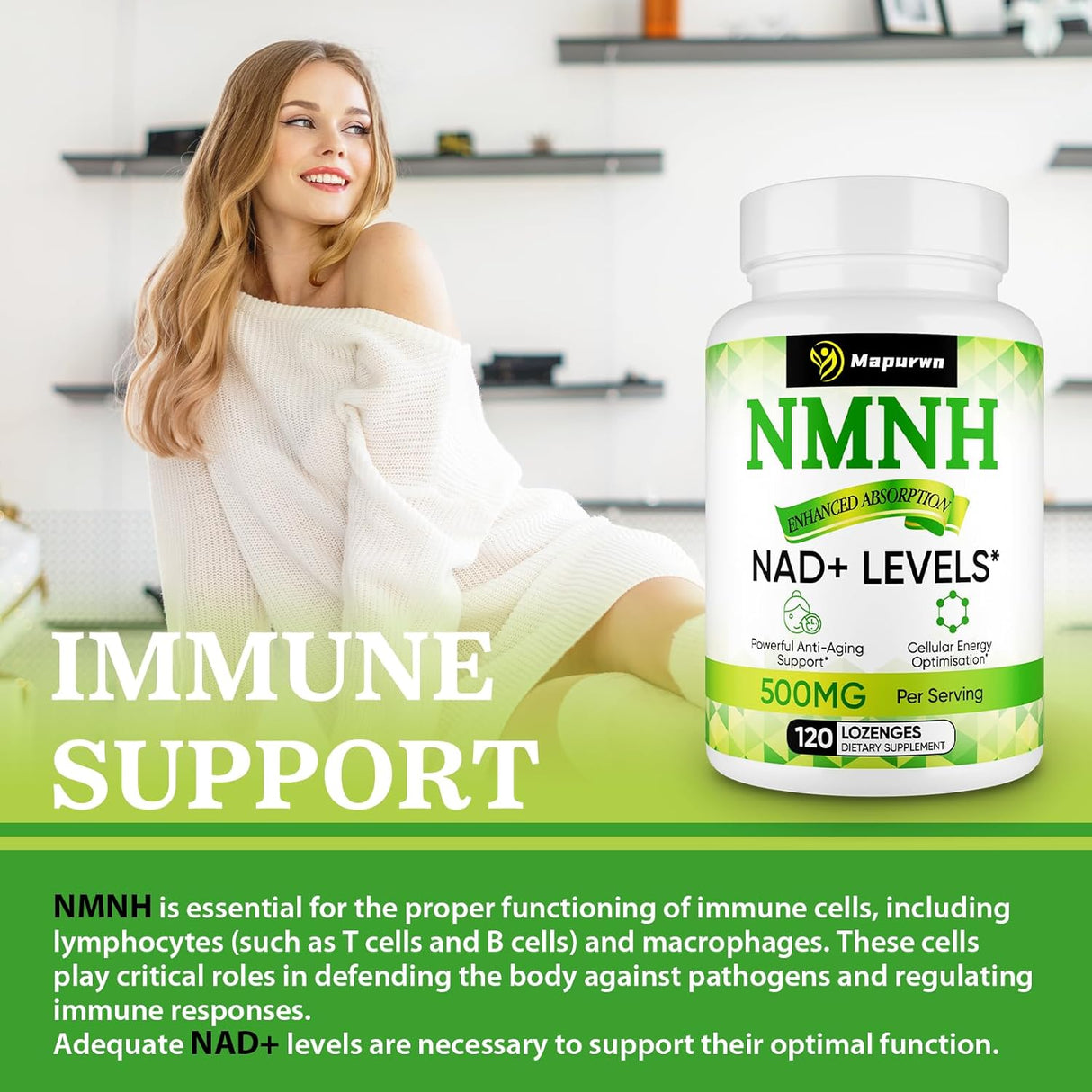 Suplemento NMNH 500mg de NMN, Antienvejecimiento, 120 cápsulas