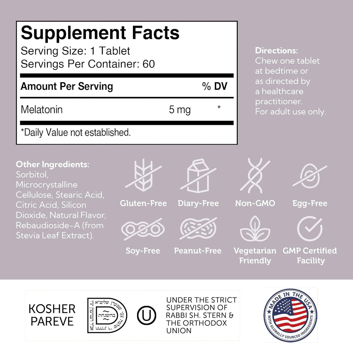 Suplemento Melatonina masticable 5 MG apoyo para dormir 60u