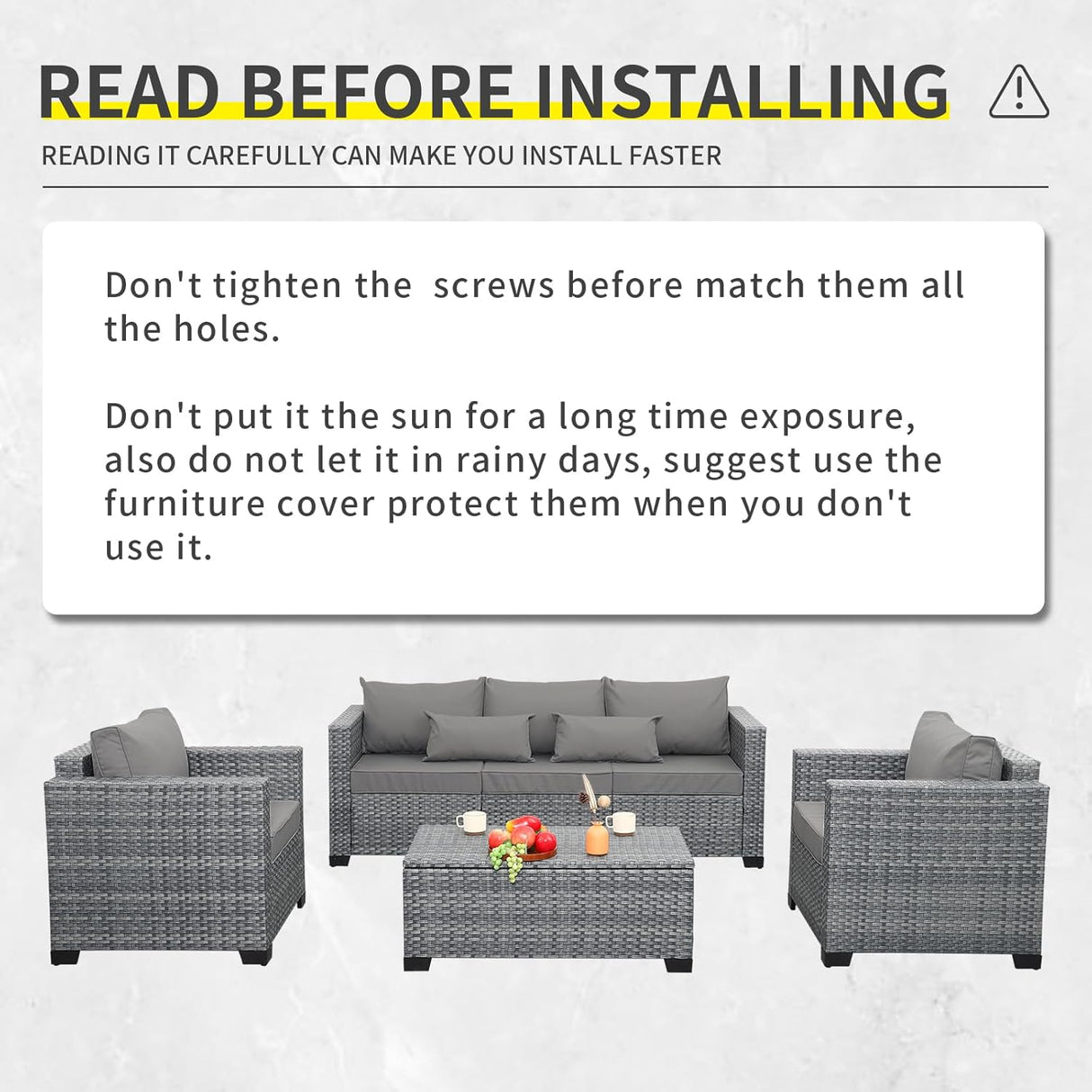 Lviden Juego de muebles de mimbre para patio de 4 piezas, juego de conversación al aire libre, sofá seccional de ratán PE con mesa de almacenamiento y cojines grises