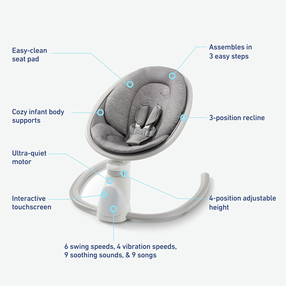 Graco Soothe 'n Sway - Columpio Bluetooth 3 en 1 para bebé, crece con tu hijo, múltiples ajustes relajantes y conectividad Bluetooth