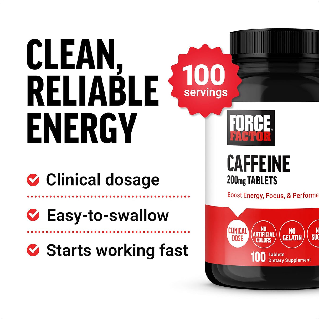 Píldoras de cafeína 200mg Force Factor, energía y enfoque