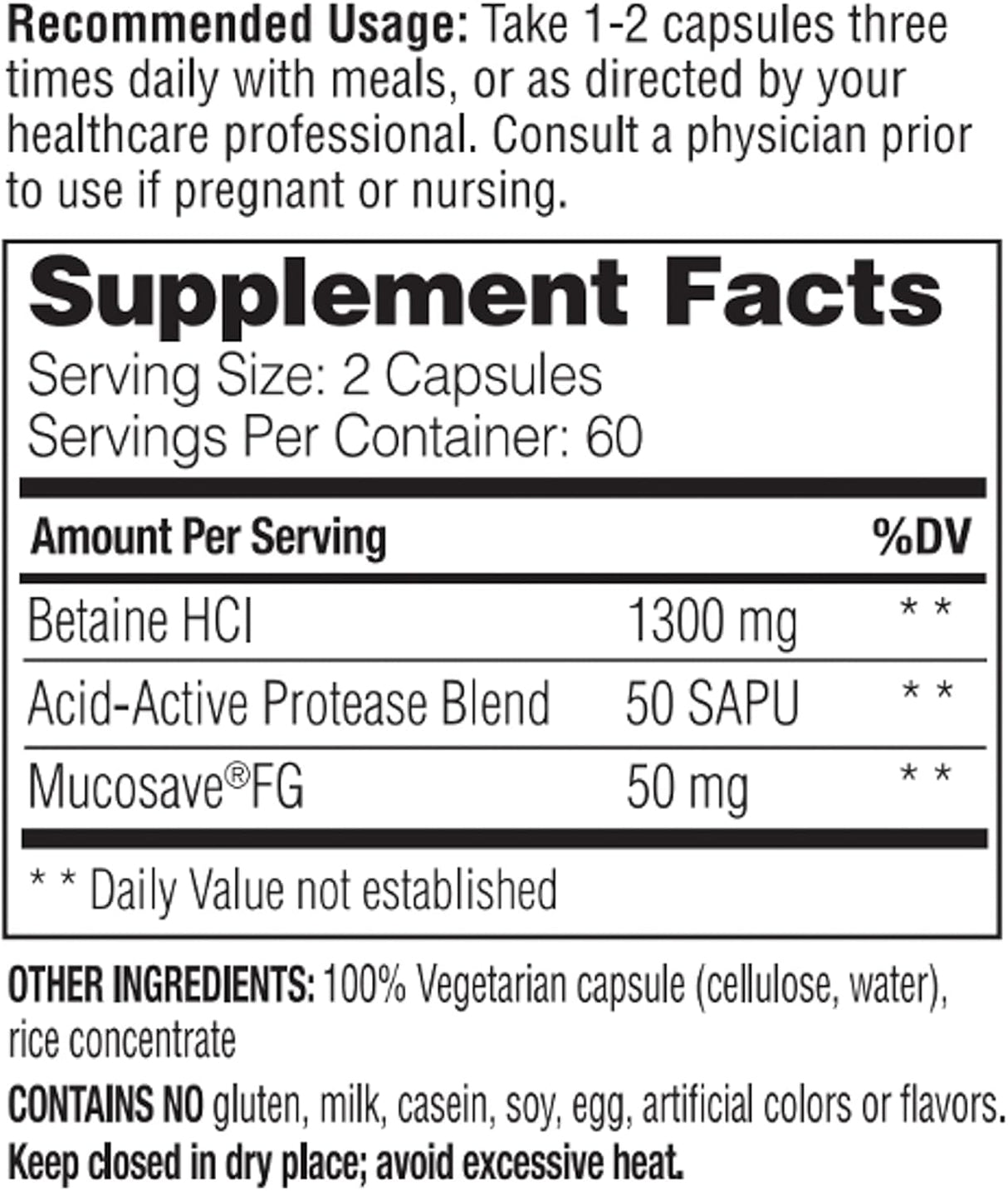Suplemento Enzymedica, Betaine HCl soporte estomacal 120 cap